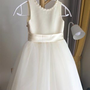 Ivory tulle flower girl dress, V back dress with pearls, Communion dress, Floor length image 10