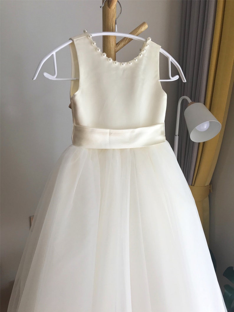 Ivory tulle flower girl dress, V back dress with pearls, Communion dress, Floor length image 10