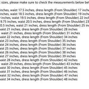 May include: Size chart for a dress, showing bust, waist, and dress length measurements in inches for sizes 0-3 months to size 16. Custom size available.