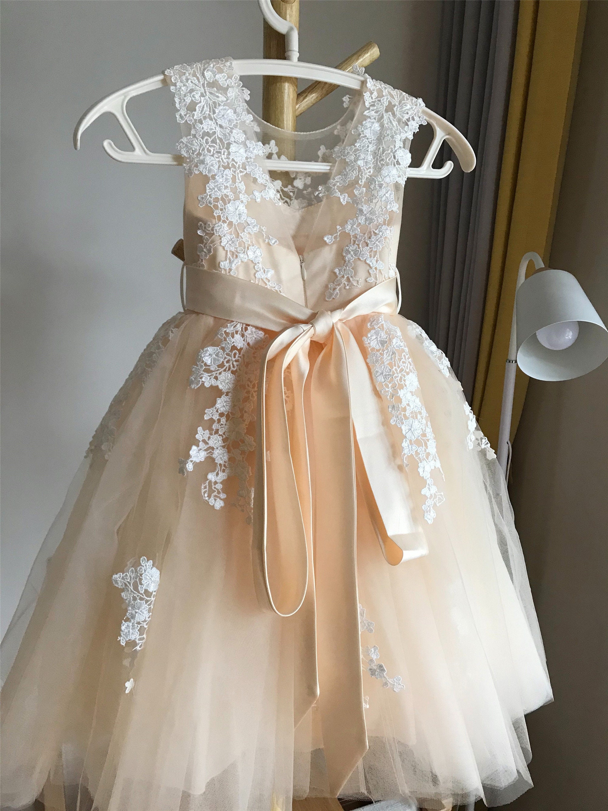 Half Sleeves Champagne Floor Length Tulle Flower Girl Dress With Lace