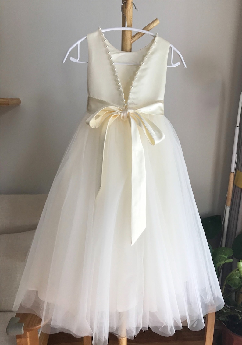 Ivory tulle flower girl dress, V back dress with pearls, Communion dress, Floor length image 1