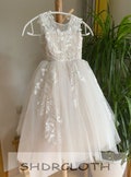 Blush flower girl dress, lace flower girl dress, illusion birthday girl dress with lace applique, tutu flower girl dress