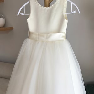 Ivory tulle flower girl dress, V back dress with pearls, Communion dress, Floor length image 9