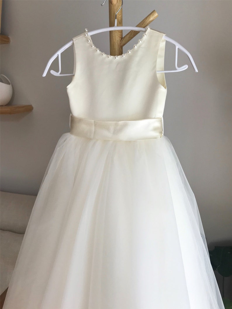 Ivory tulle flower girl dress, V back dress with pearls, Communion dress, Floor length image 9