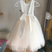 Tulle ivory off white champagne flower girl dress, V back top dress with pearls, Communion dress 