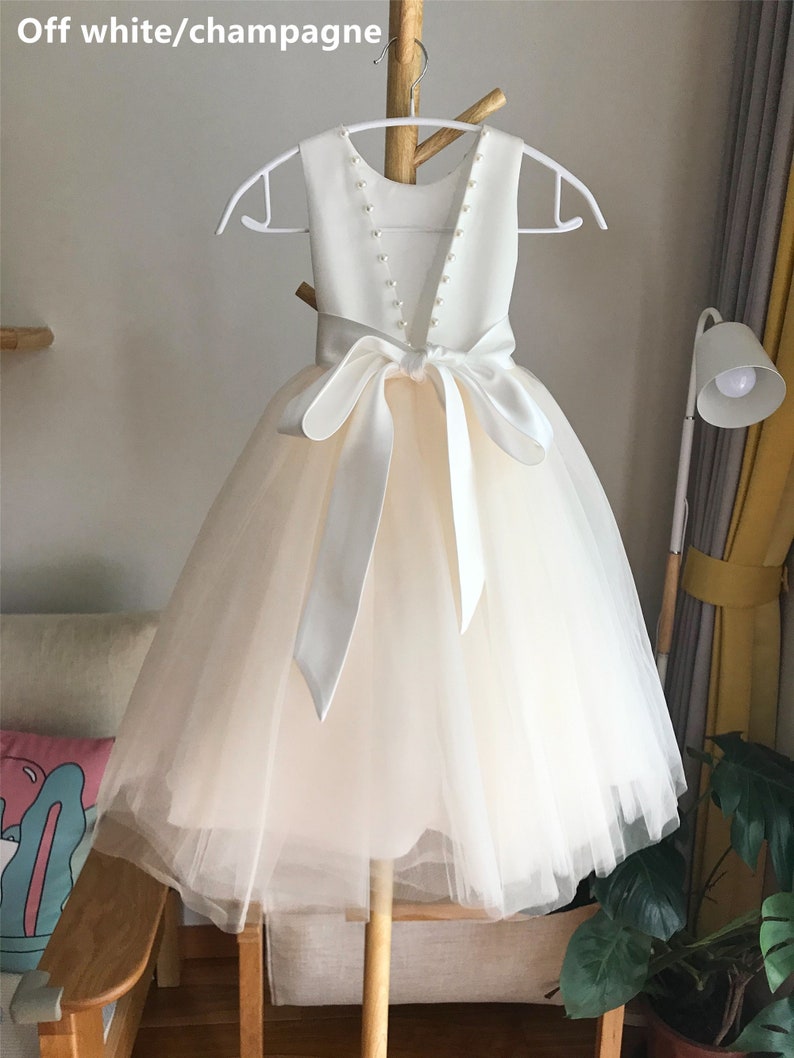 Tulle ivory off white champagne flower girl dress, V back top dress with pearls, Communion dress 