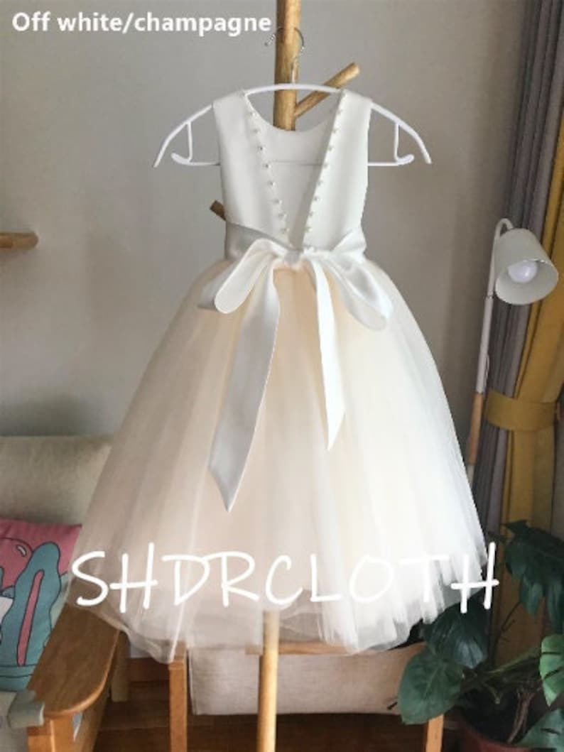 Tulle ivory off white champagne flower girl dress, V back top dress with pearls, Communion dress