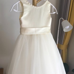 Ivory tulle flower girl dress, V back dress with pearls, Communion dress, Floor length image 8