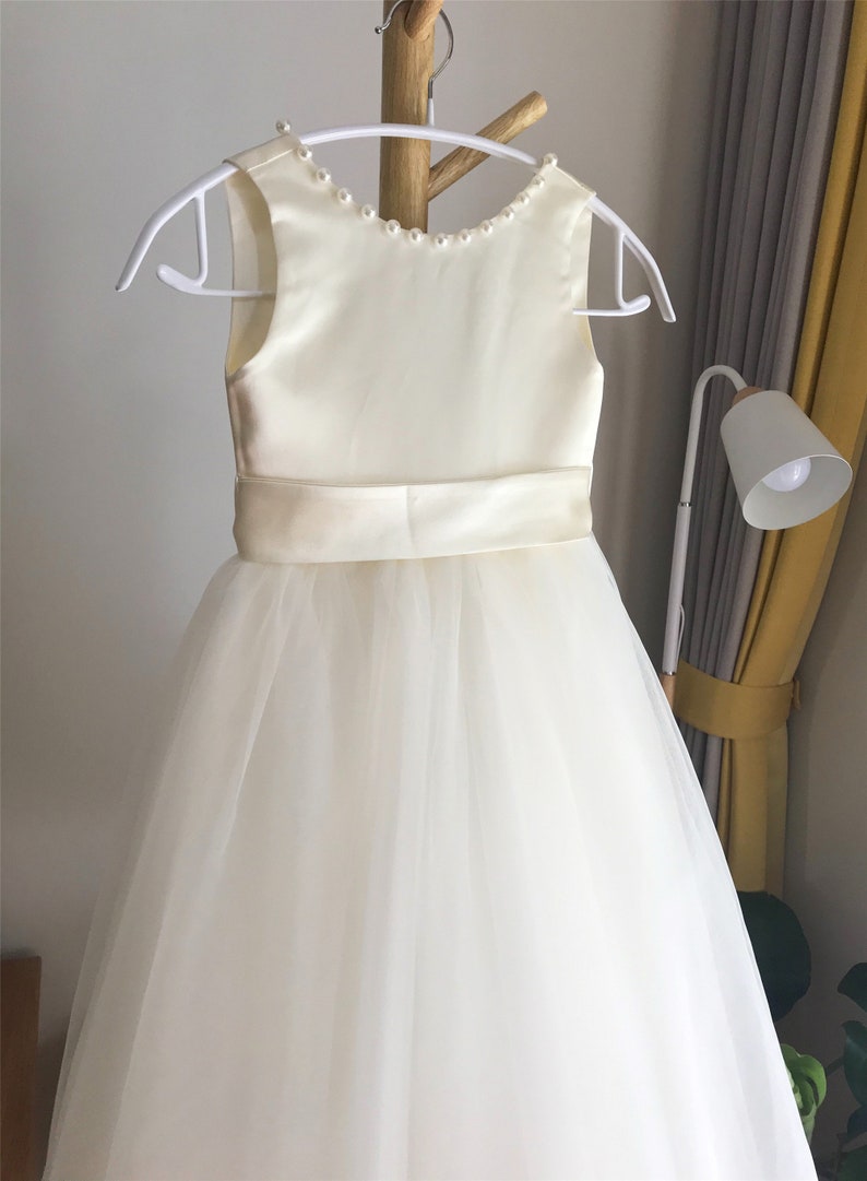 Ivory tulle flower girl dress, V back dress with pearls, Communion dress, Floor length image 8