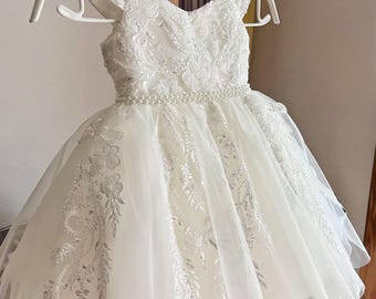 Light Ivory Lace Beaded Flower Girl Dress:  Lace Applique Tutu with Pearls Waistband