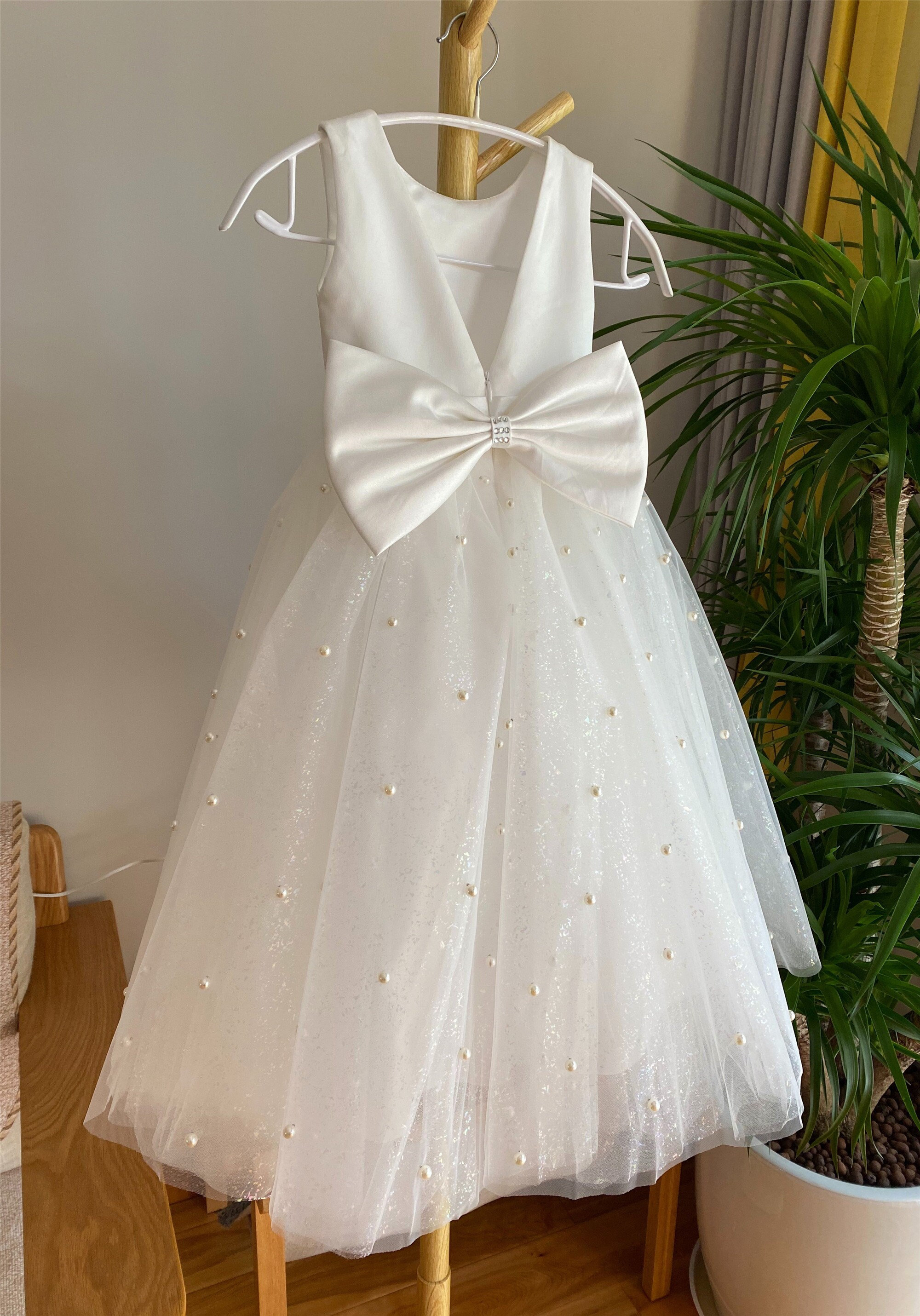Sparkle off White Flower Girl Dress, V Back Flower Girl