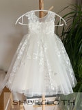 Off white flower girl dress, lace flower girl dress, illusion birthday girl dress with lace applique, tutu flower girl dress