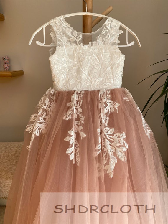 Dusty Rose Lace Flower Girl Dress, Illusion Birthday Dress Floor Length -  Etsy