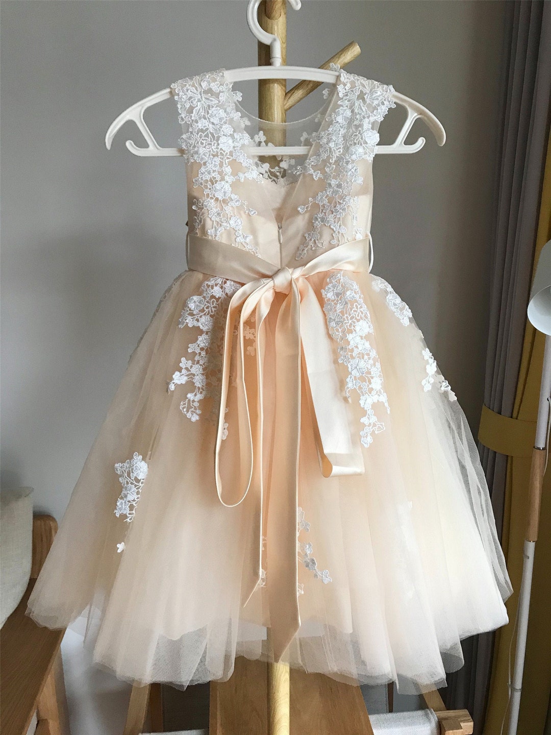 Buy Lace Champagne Flower Girl Dress: Tulle Tutu, Illusion Applique, Sash  Tie Bow Online in India