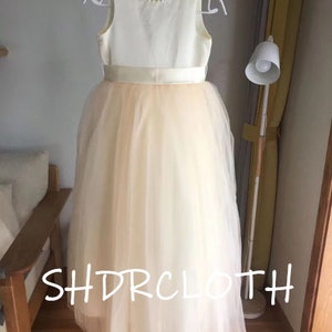 Tulle ivory off white champagne flower girl dress, V back top dress with pearls, Communion dress image 6