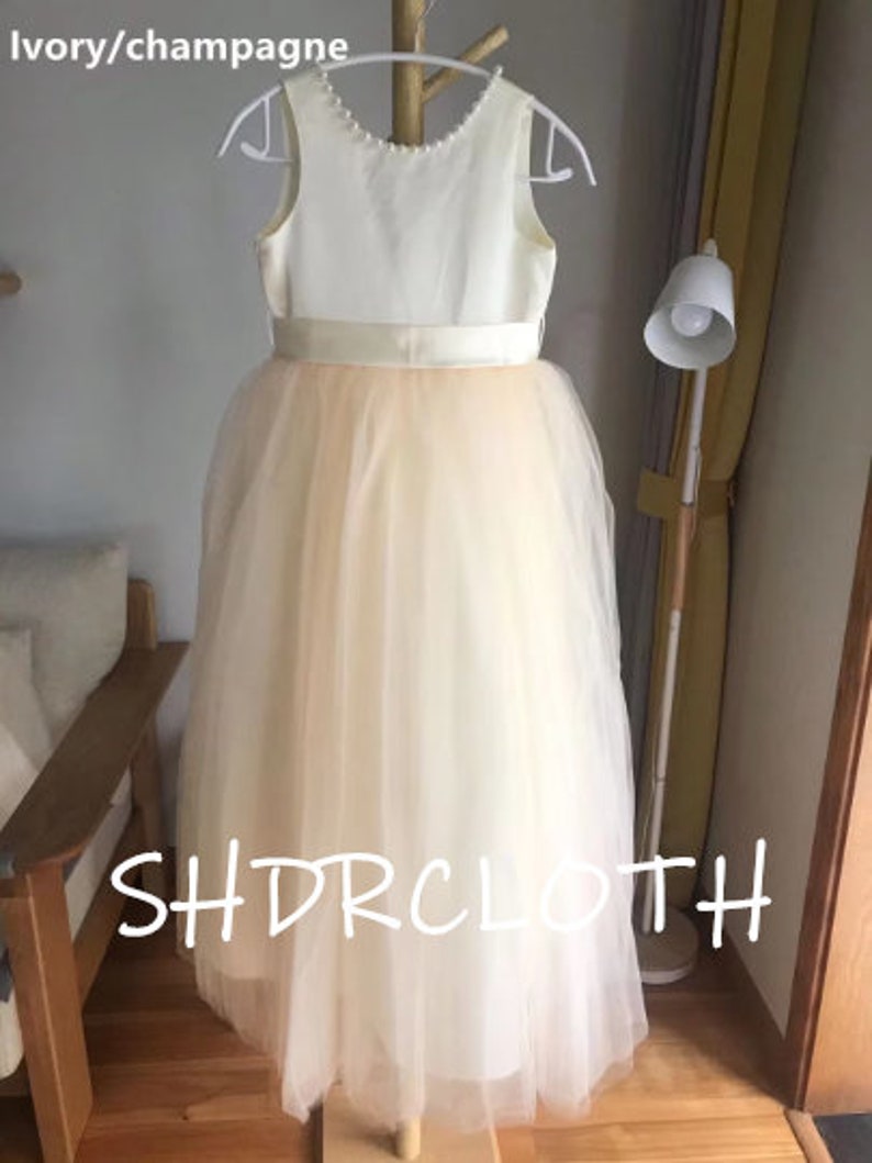 Tulle ivory off white champagne flower girl dress, V back top dress with pearls, Communion dress image 6