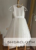 Off white flower girl dress, V back flower girl dress, tulle flower girl dress with pearls