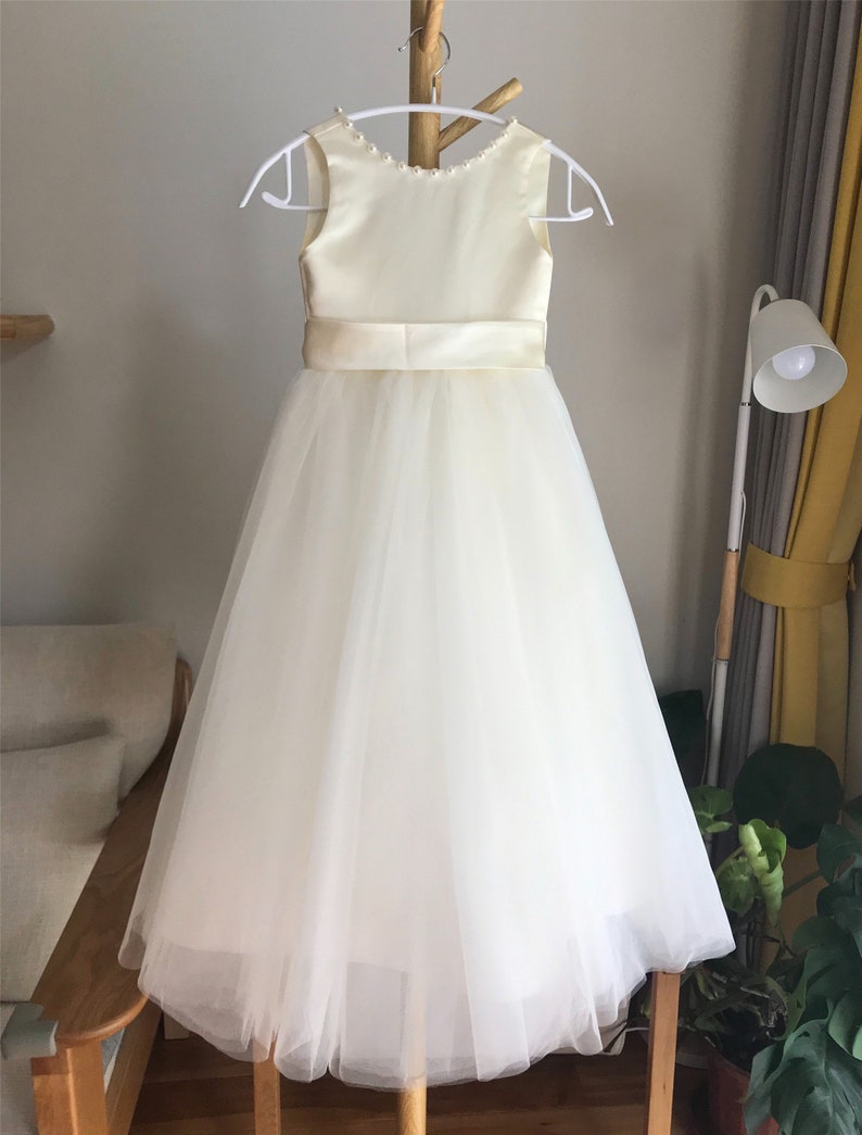 Ivory tulle flower girl dress, V back dress with pearls, Communion dress, Floor length image 3