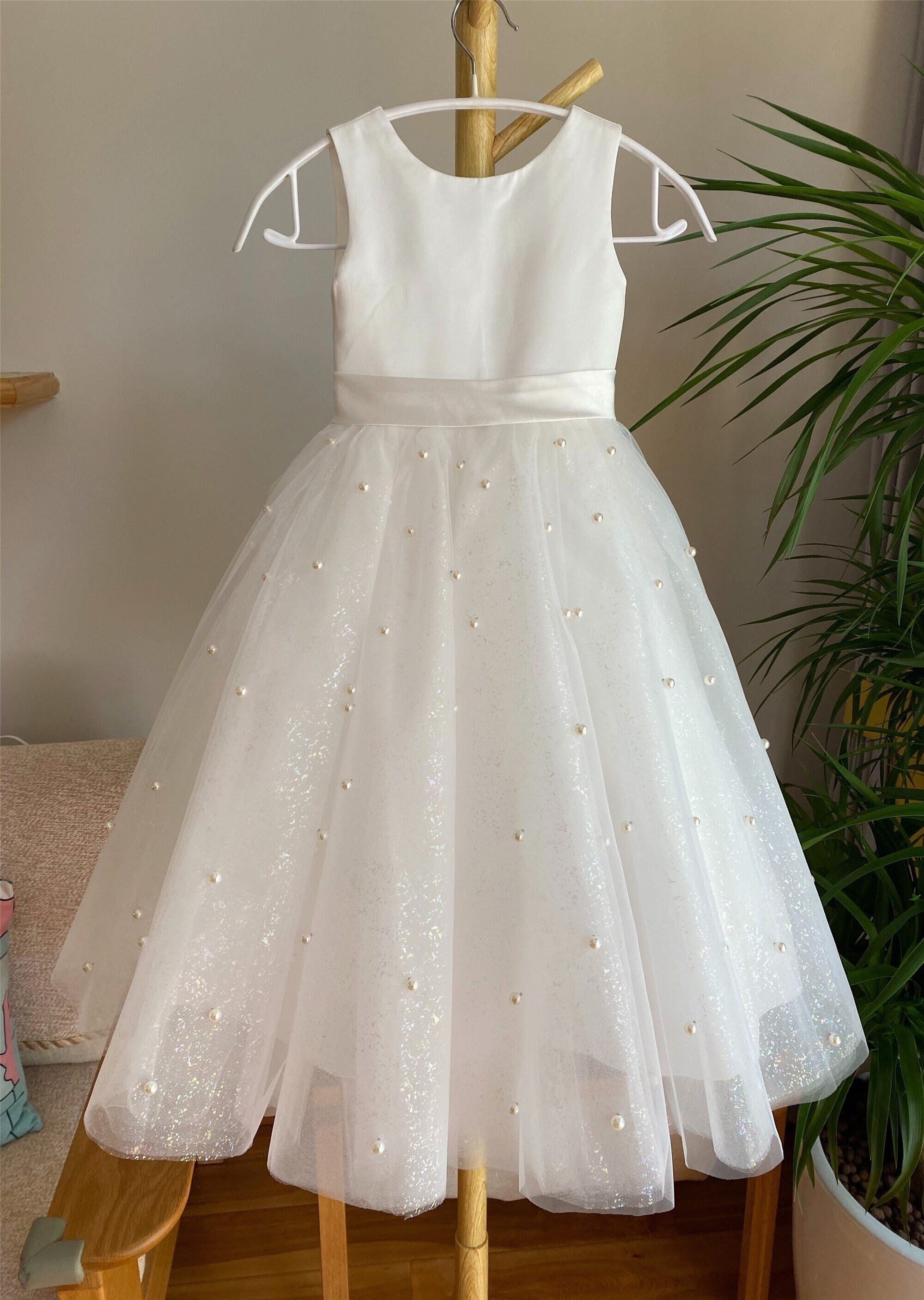 Sparkle off White Flower Girl Dress: Glitter Tulle, Pearls Sparkle off White Flower Girl Dress: Glitter Tulle, Pearls