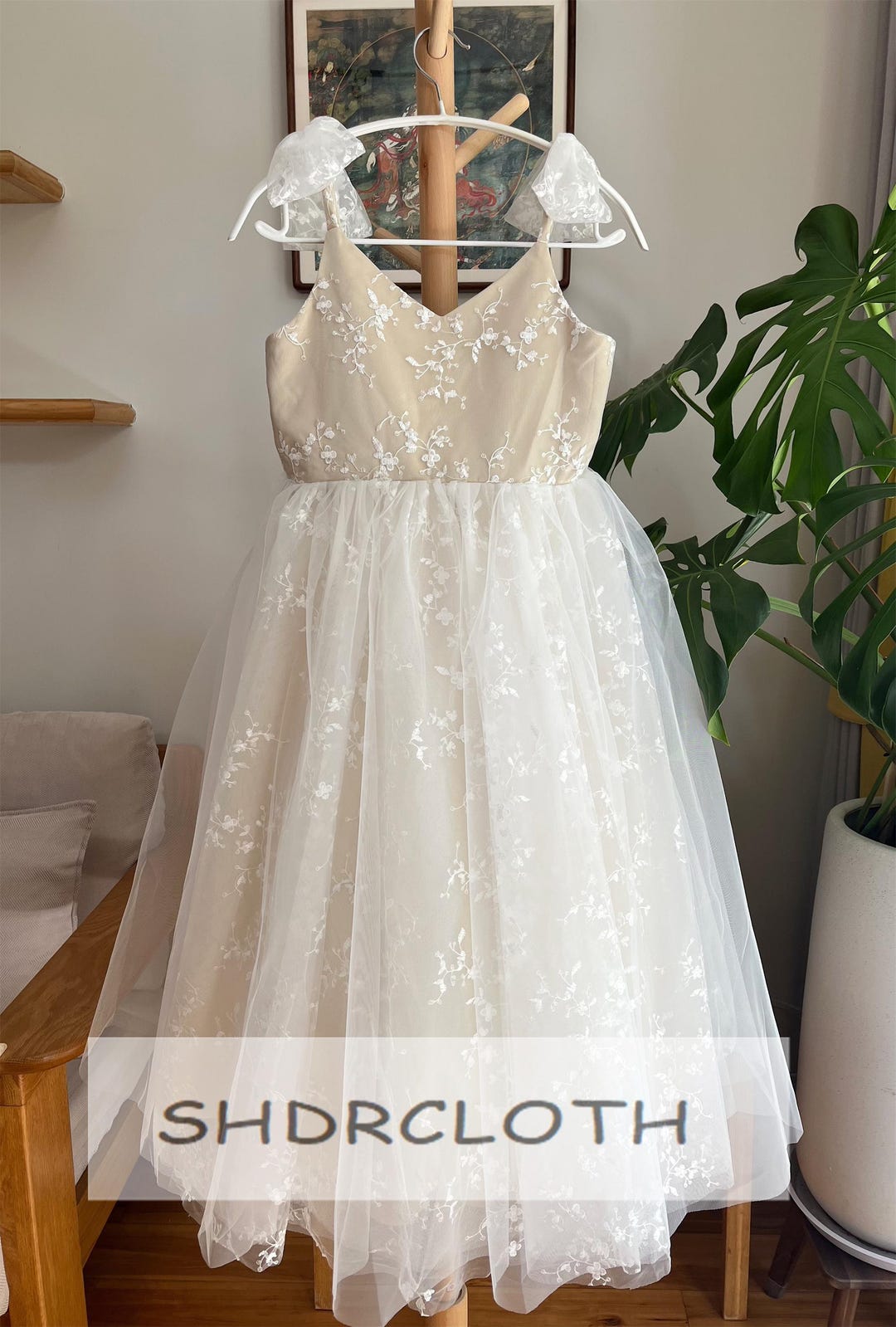 A-Line Spaghetti Straps Applique Tulle Flower Girl Dress Blue