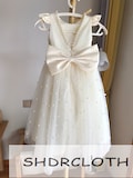 Ivory Tulle Flower Girl Dress: V Back Pearls, High Low Skirt with Pearls