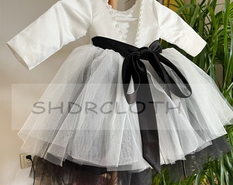 Off White & Black Tulle Flower Girl Dress: Black Ribbon, Long Sleeves