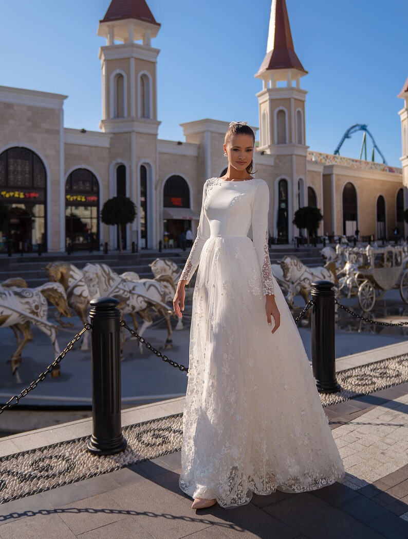 Floral Skirt White Wedding Dress Long Sleeves Dress Minimal image 1