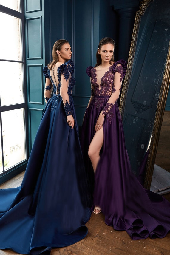 Purple v neck tulle sequin long prom dress purple tulle formal dress –  dresstby