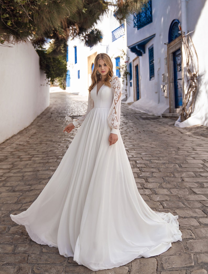 Flowy Chiffon Wedding Dress V-Neck Bridal Gown A-line Style image 3