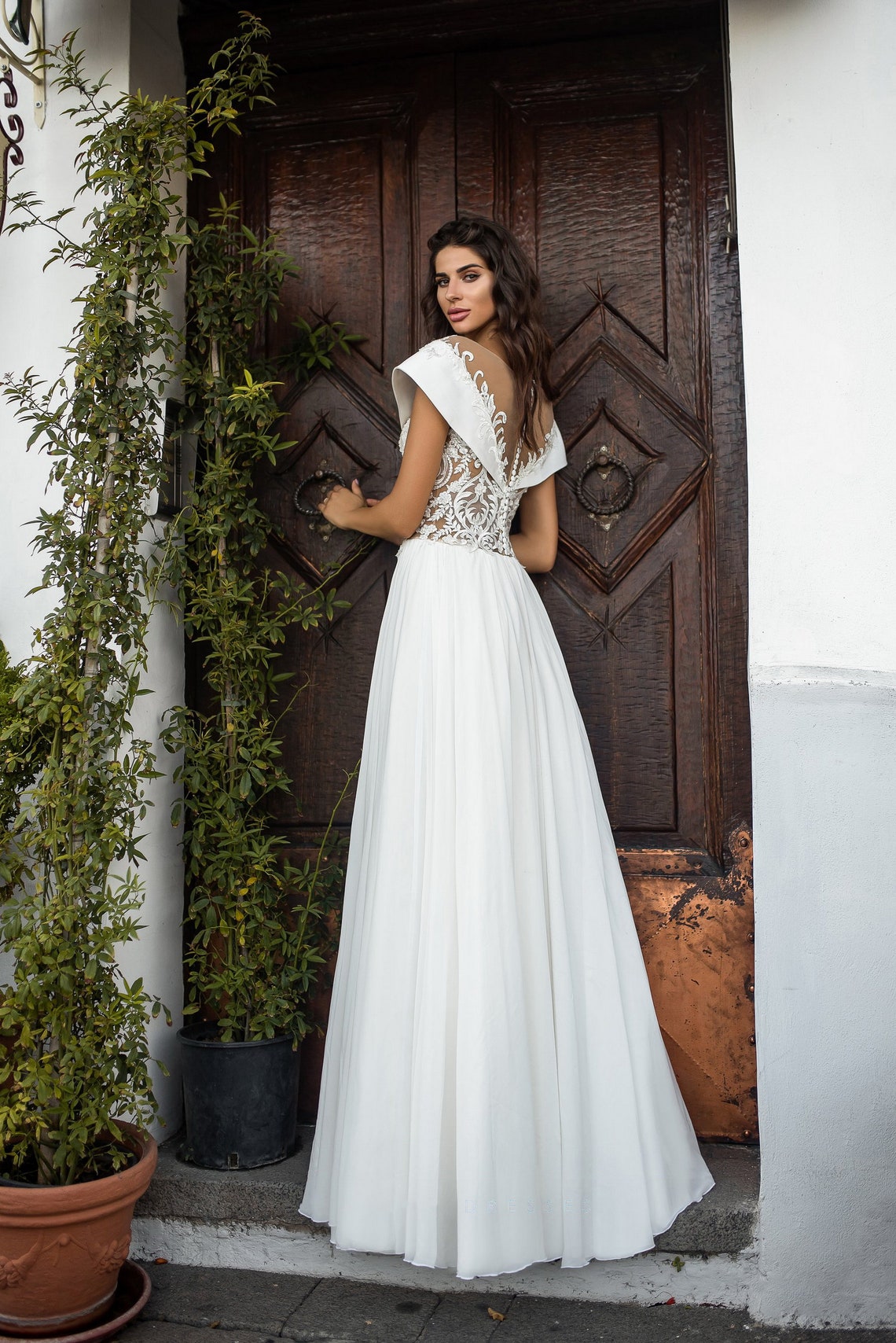 Chiffon Brautkleid A-Linie Brautkleid voluminöse Kragen | Etsy
