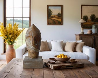 Uniek abstract stenen gezichtsculptuur | Elegante interieur- en tuindecoratie | Artistiek statementstuk