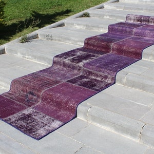 Vintage Purple Runner Rug, 3x12.6 Runner Rug, Patchwork Runner, Distressed Rug, Turkish Rug, Oushak Rug, Hallway Runner Rug, Stair Runner