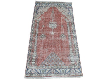 Red Vintage Rug, 2.1x4.4 Turkish Rug, Muted Rug, Oushak Rug, Distressed Rug, Prayer Rug, Kitchen Rug, Anatolian Rug, Handwoven Rug, Boho Rug