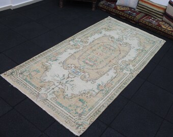 Turkish Rug, Area Rug, 3.7x6.9 Feet Rug, Orange Rug, Ivory Rug, Vintage Rug, Oriental Rug, Oushak Rug, Handmade Rug, Bedroom Rug,Kitchen Rug