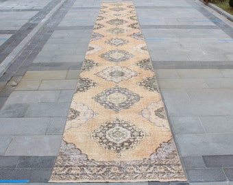 Turkish Rug, Runner Rug, 3.3x24.3 Feet, Orange Runner Rug, Vintage Rug, Hallway Runner Rug, Bathroom Rug, Antique Rug, Kitchen Rug, Wool Rug
