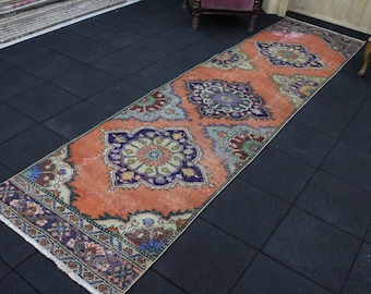 Orange Runner Rug | 3.1x12.8 Turkish Runner Rug | Oriental Runner Rug | Oushak Runner Rug | Hallway Runner Rug | Corridor Rug | Bohemian Rug