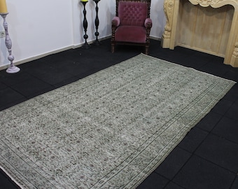 Turkish Green Area Rug, 5.5x9.7 Area Rug, Distressed Rug, Muted Rug, Oushak Area Rug, Vintage Rug, Oriental Rug, Wool Rug, Large Floor Rug