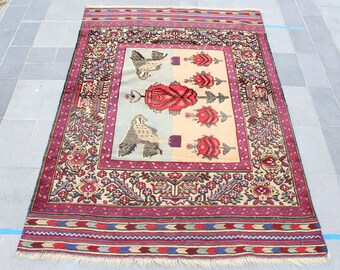 Vintage Rug, Area Rug, 4x5.8 Feet, Laundry Room Rug, Handmade Rug, Persian Kilim Rug, Authentic Carpet, Rugs for Living Room, Kilim Rug, US