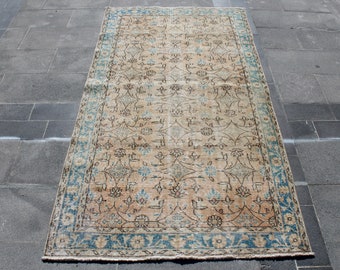 Turkish Rug, Area Rug, 3.8x7.1 Feet, Salmon Rug, Blue Rug, Vintage Rug, Oushak Rug, Distressed Rug, Oriental Rug, Handmade Rug, Salon Rug
