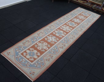 Turkish Wool Runner Rug, 2.7x9.6 Runner Rug, Burnt Orange Rug, Vintage Runner Rug, Tribal Runner Rug, Kitchen Rug, Boho Runner Rug, Runner