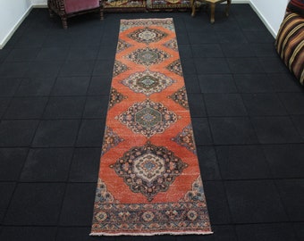 Turkish Runner Rug | 2.6x12.2 Runner Rug | Burnt Orange Rug | Hallway Runner Rug | Wool Rug | Antique Runner Rug | Corridor Rug | Boho Rug