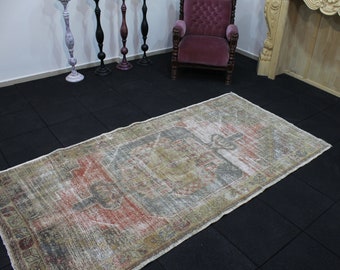 Vintage Rug, 4x7.8 Area Rug, Red Rug, Distressed Rug, Faded Rug, Muted Rug, Kitchen Rug, Designer Rug, Handwoven Rug, Deco Rug, Turkish Rug