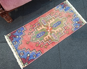 Turkish Rug, Small Rug, 1.3x2.9 Feet, Red Rug, Navy Rug, Vintage Oushak Rug, Handmade Rug, Antique Rug, Bathroom Rug, Kitchen Rug, Enrty Rug
