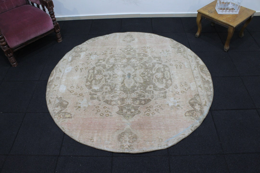 Vintage Round Rug, 5.2x5.2 Round Rug, Turkish Rug for Bathroom, Mocha