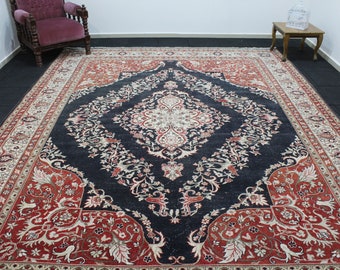 Persian Rug, Oversized Rug, 8.9x11.5 Feet Rug, Navy Rug, Red Rug, Vintage Rug, Rugs for Living Room, Antique Rug, Handmade Rug, Oriental Rug