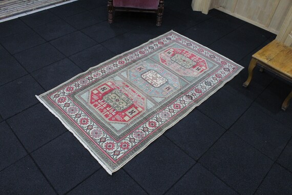 幾何学模様のヴィンテージラグ | 3.2x5.7 エリアラグ | 青いトルコラグ