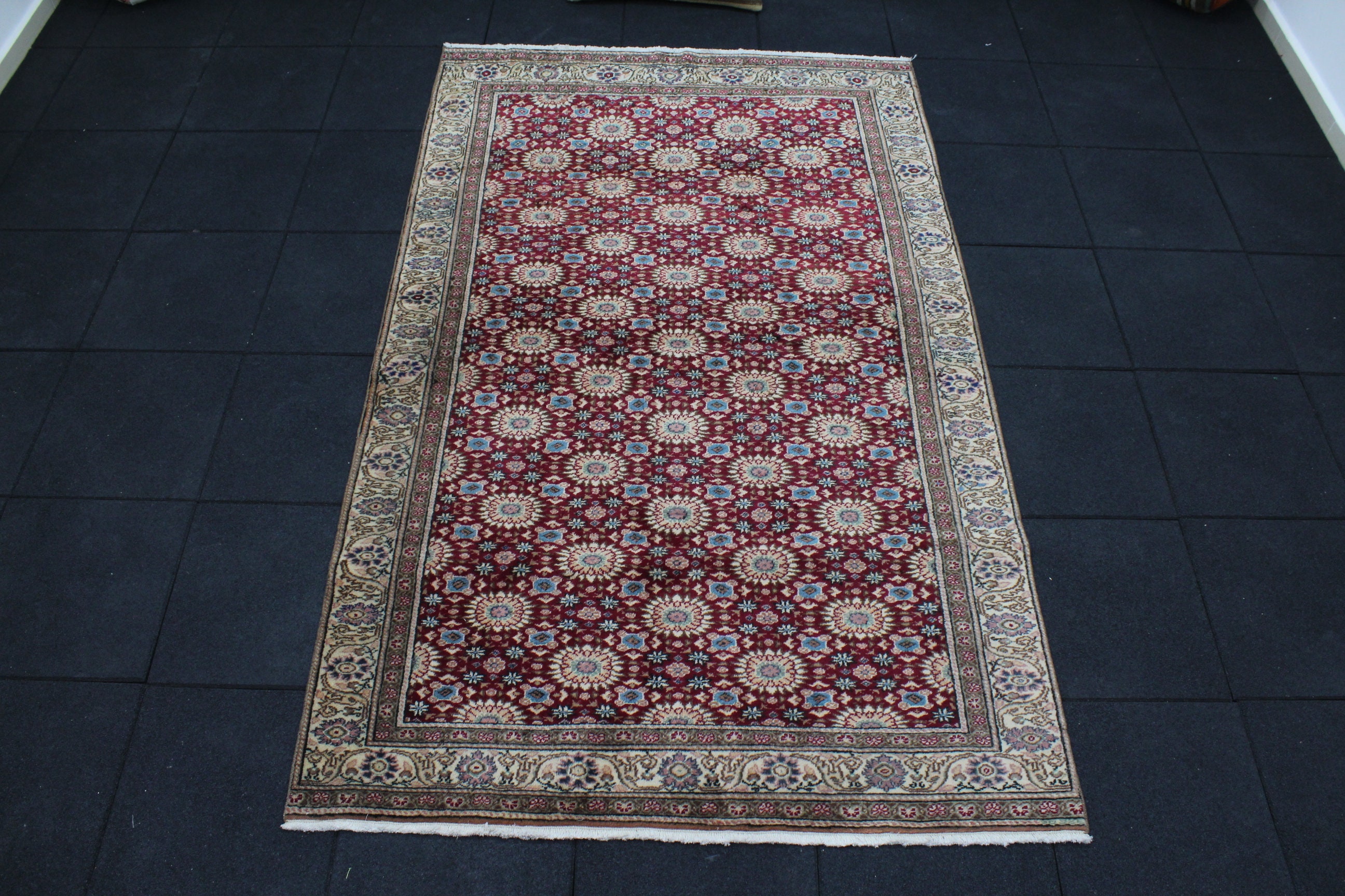 45.5×104 \"Red rose” ViNTAGE TURKiSH RUG 7.5x10.7 VINTAGE TURKISH Rug, Pastel Pink Distressed Blue
