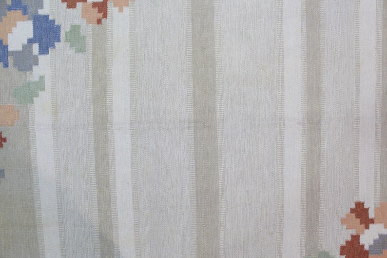 Puede incluir: Primer plano de una alfombra de rayas blancas y beige con una textura sutil tejida. La alfombra tiene un patr&oacute;n floral en tonos azules, rosas y naranjas.