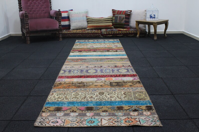Patchwork Runner Rug Vintage Runner Rug Hallway Runner Rug Designer Rug 2.6x9.9 Runner Rug Turkish Rug Oushak Runner Distressed Rug