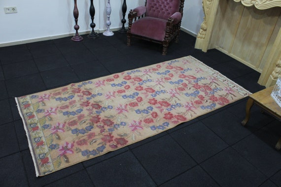 Vintage Floral Rug, 3.7x8 Turkish Rug, Beige Rug, Red Rug, Pink Rug, Oushak Rug, Antique Rug, Handmade Rug, Anatolian Rug, Rugs for Kitchen